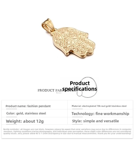 Detail view of 18K gold-plated Hamsa hand pendant with intricate hollow filigree patterns