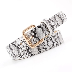 Vintage white faux leather skinny belt with snake print and golden square pin buckle