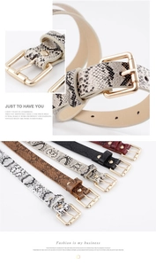 Detailed collage of snake pattern belts with gold buckles in various colors for women
