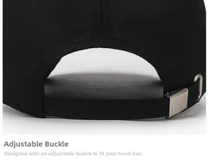 Detail of adjustable metal buckle and fabric strap on the back of a black canvas baseball cap