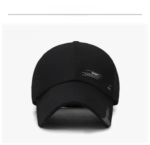 Front view of black cotton canvas baseball cap featuring sports fashion side text