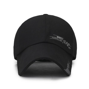 Classic black canvas baseball cap with long brim and white sports typography print