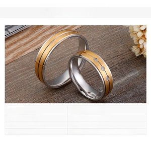 Detailed product info for matte two-tone stainless steel couple rings with zircon inlays