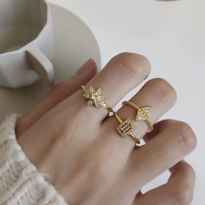 Three-piece gold plated geometric rings with cubic zirconia for minimalist women jewelry