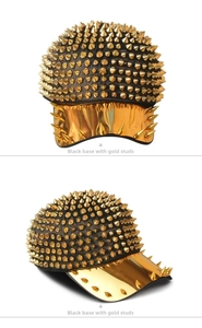Detail view of punk baseball cap featuring gold cone studs and a gold mirrored brim