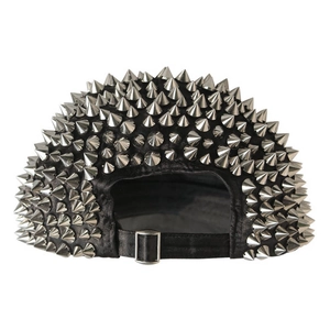 Punk style black baseball cap with silver metal studs and adjustable strap back view
