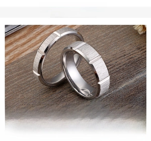 Detail view of steel color stainless steel ring with brushed finish and geometric grooves