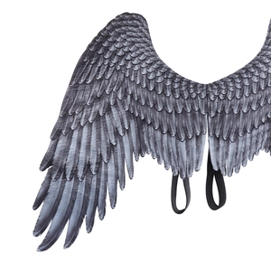Detailed view of grey printed fabric angel wings with black elastic shoulder straps