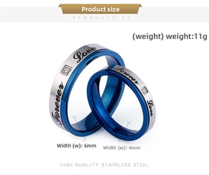 Detailed view of Forever Love stainless steel couple rings with blue inner plating and zircon