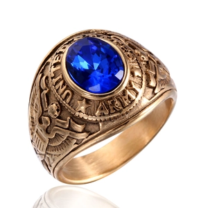 Vintage US Army style gold ring with large blue oval gemstone and detailed engraving
