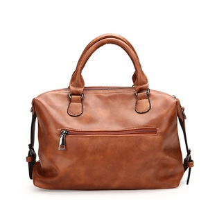 Brown soft PU leather Boston handbag with top handles and detachable shoulder strap
