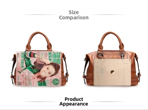 Brown vintage Boston bag size comparison showing capacity with a tablet and magazine
