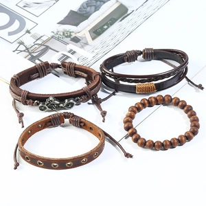 Punk vintage 4-piece leather bracelet set for men with woven straps and wood beads