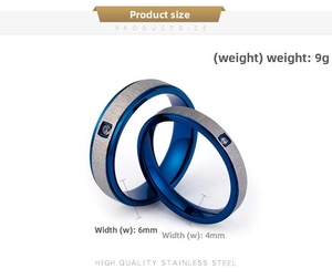 Detail view of 4mm and 6mm matte blue stainless steel rings with square zircon stones