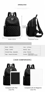Detail view of black quilted nylon backpack showing 33x28x15cm size with weight parameters