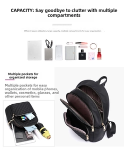 Detailed capacity view of black quilted nylon backpack showing compartments for daily items