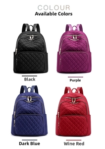 Detailed grid view of quilted nylon backpacks in black, purple, blue, and red colors