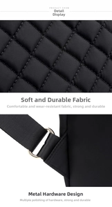 Detail of durable quilted black nylon fabric and reinforced silver metal ring connectors