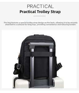 Detail of durable nylon backpack showing a functional trolley sleeve for luggage attachment