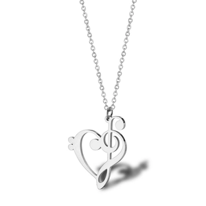 Minimalist silver heart and musical note pendant necklace for women in stainless steel