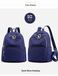 Detail of dark blue quilted nylon backpack showing front and side views with gold hardware