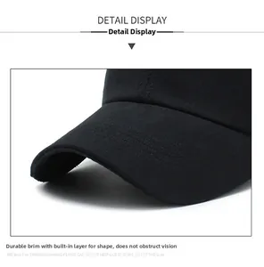 Detail of multi-row stitching on black cotton baseball cap brim for sun protection