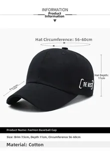 Detailed size specifications for cotton baseball cap showing brim length and depth