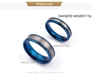 Detail of blue titanium steel rings with brushed silver edge, 5mm and 7mm widths
