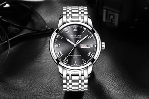 Detail view of KINGNUOS quartz watch with black dial and dual calendar display feature