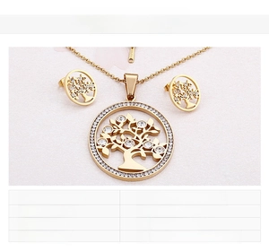 Detailed view of gold stainless steel Tree of Life jewelry set with sparkling cubic zirconia