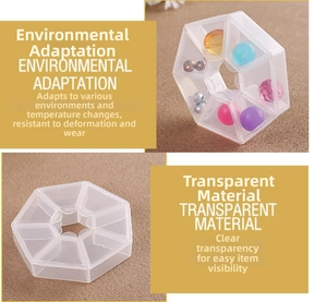Macro view of 7-compartment hexagonal pill box showing transparent storage sections