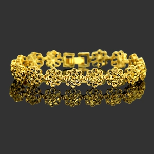 Elegant gold-tone 3D plum blossom flower bracelet with hollow geometric metal links