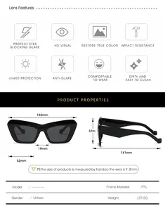 Detailed size chart for cat eye sunglasses showing PC frame dimensions and weight specs