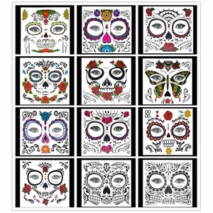 Halloween Face Temporary Tattoos Waterproof Sugar Skull Day Of The Dead Floral Skeleton Face Decals For Masquerade Party Makeup