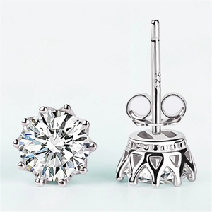 Detail showing S925 hallmark on silver stud earring with brilliant round cut stone