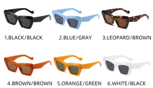 Detail view of triangular cat eye sunglasses available in six diverse frame colors