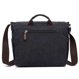 Classic black canvas men's business briefcase featuring brown handles and a back zipper pocket
