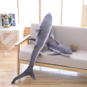 Cute shark plush pillow toy in grey and white colors, ideal for sleeping and decor