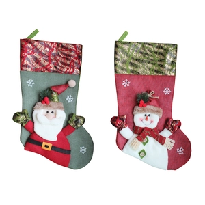 Set of two festive Christmas stockings featuring Santa and snowman patterns on white background