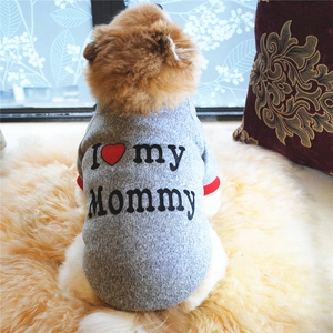 Detail of warm grey pet fleece sweater with red ribbed cuffs and I Love My Mommy print