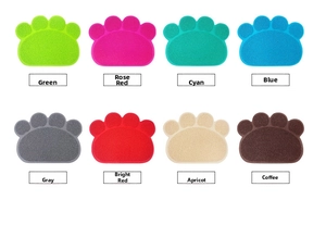 Detailed grid showing eight color options of the paw-shaped PVC anti-slip cat litter mat