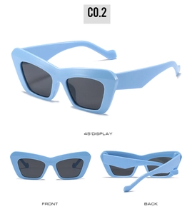 Detailed views of light blue cat eye sunglasses from front, back, and 45-degree angles