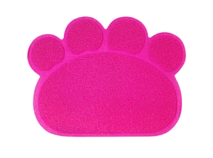 Pink paw-shaped PVC litter mat with non-slip mesh texture for trapping pet waste