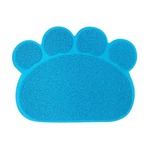 Blue paw-shaped PVC cat litter mat with non-slip coil texture for floor protection
