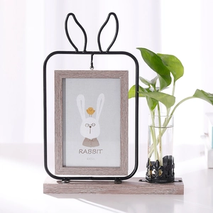Nordic rabbit iron photo frame with 4x6 wood base and glass hydroponic vase