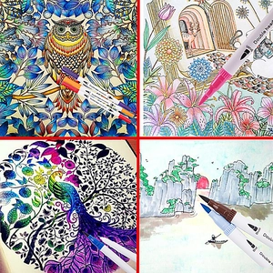 Detailed vibrant coloring examples using dual tip brush markers on artistic paper