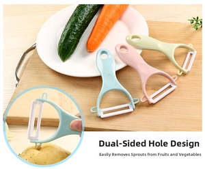 Detail of Y-shaped ceramic peeler with side eye removers and ergonomic anti-slip handle