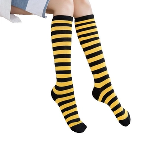 Japanese style knee-high socks featuring black and yellow stripes for women and students