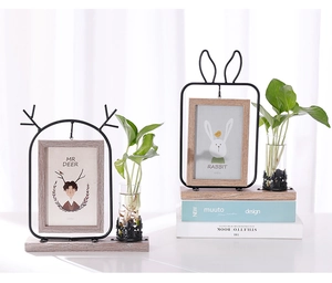 Nordic iron photo frame with deer and rabbit ears, wood base and glass hydroponic vase