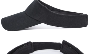Detailed view of the black sports sun visor showing side profile and adjustable velcro strap.